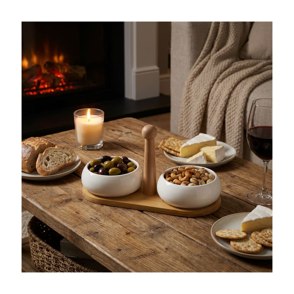 Set de 2 coupelles apéritives en céramique avec plateau en bambou - Maisons du Monde