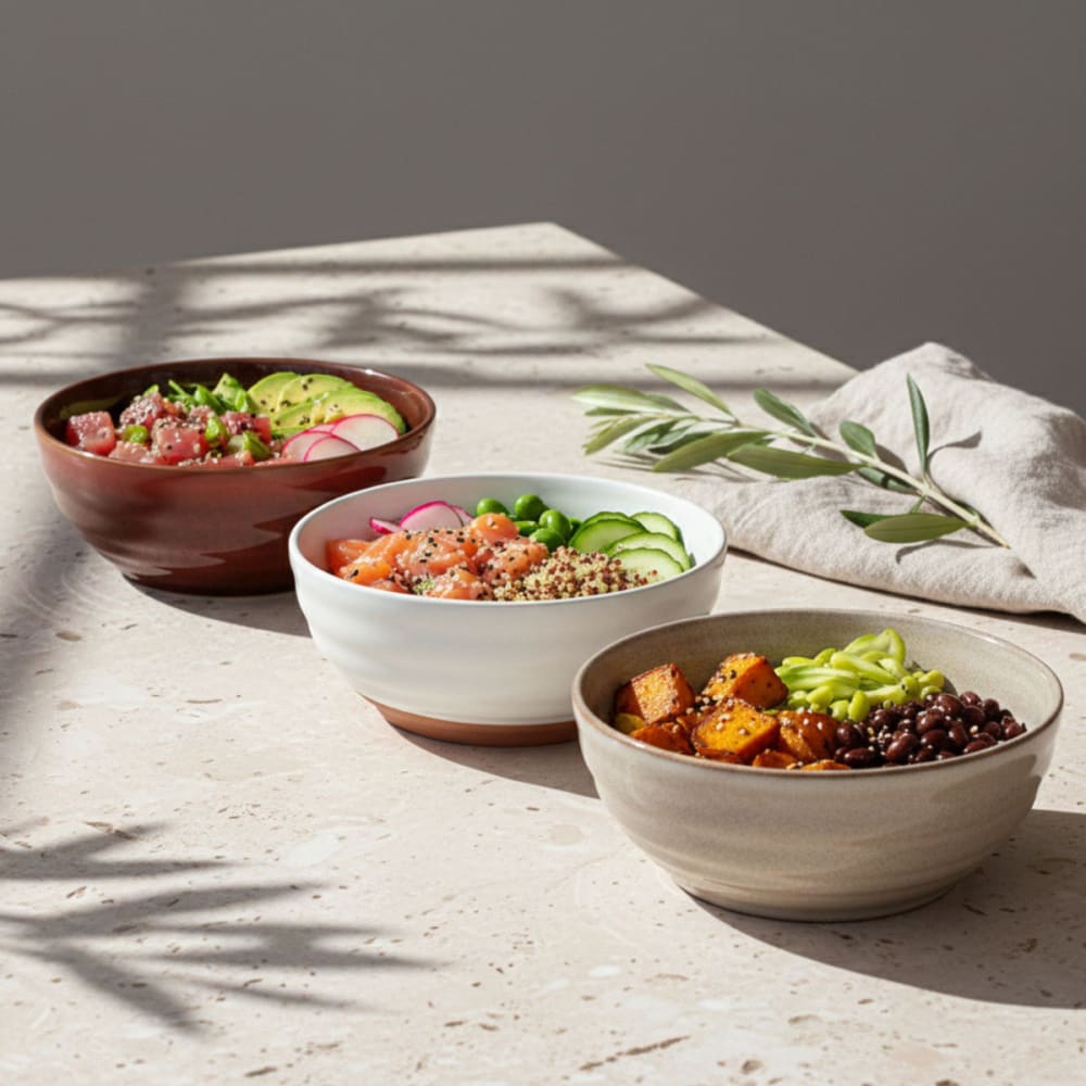 4 poke bowl gres de colores reactivos beige