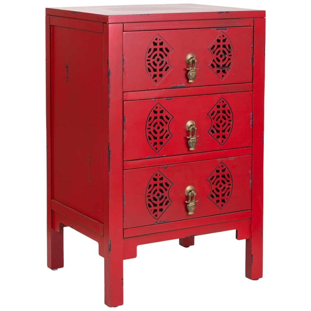 Table de chevet en bois avec 3 tiroirs rouge 45x36x70 cm