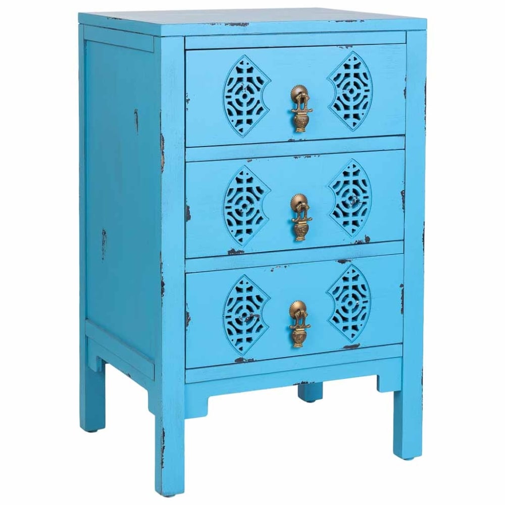 Table de chevet en bois avec 3 tiroirs bleu 45x36x70 cm