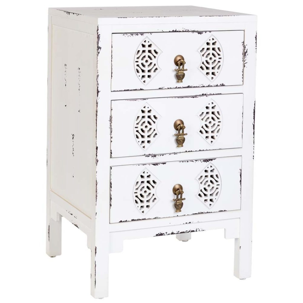Wanderlust deco Nachttisch aus Holz mit 3 Schubladen, 45x36x70, weiß style exotic - Holz