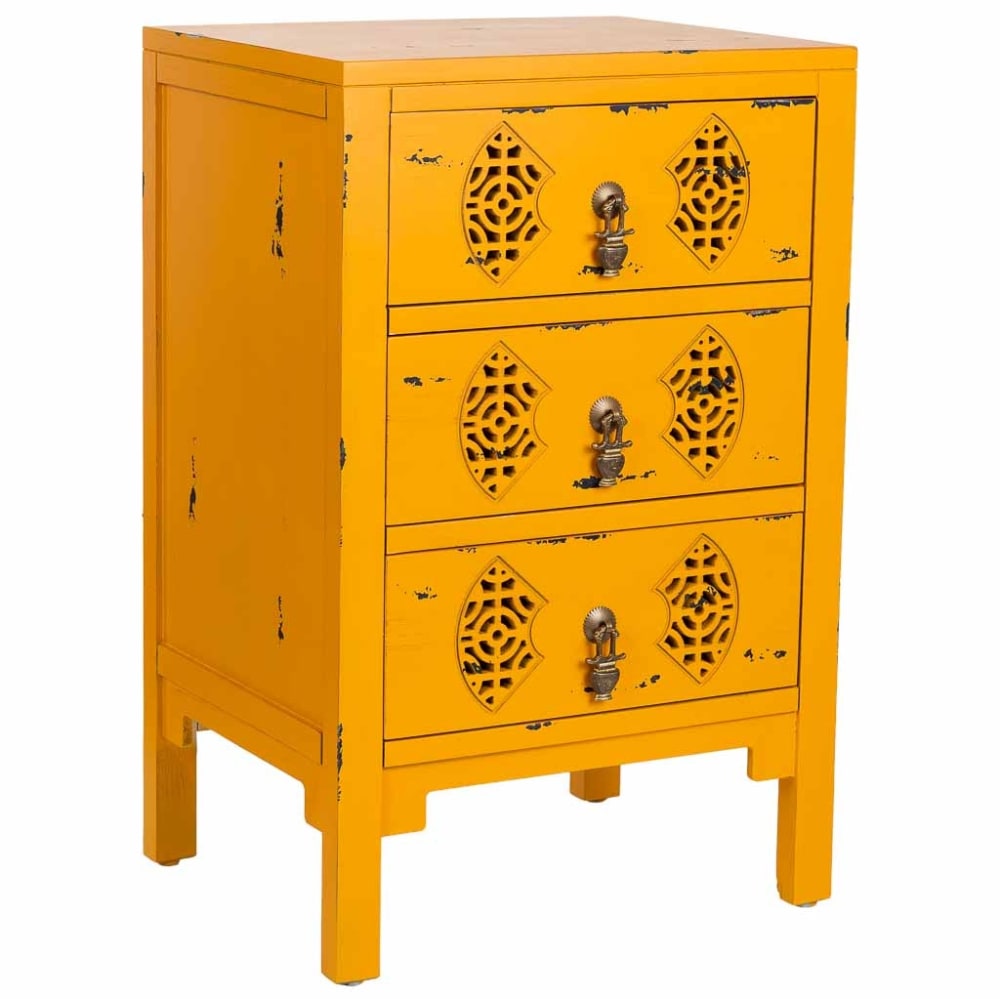 Table de chevet en bois avec 3 tiroirs jaune 45x36x70 cm