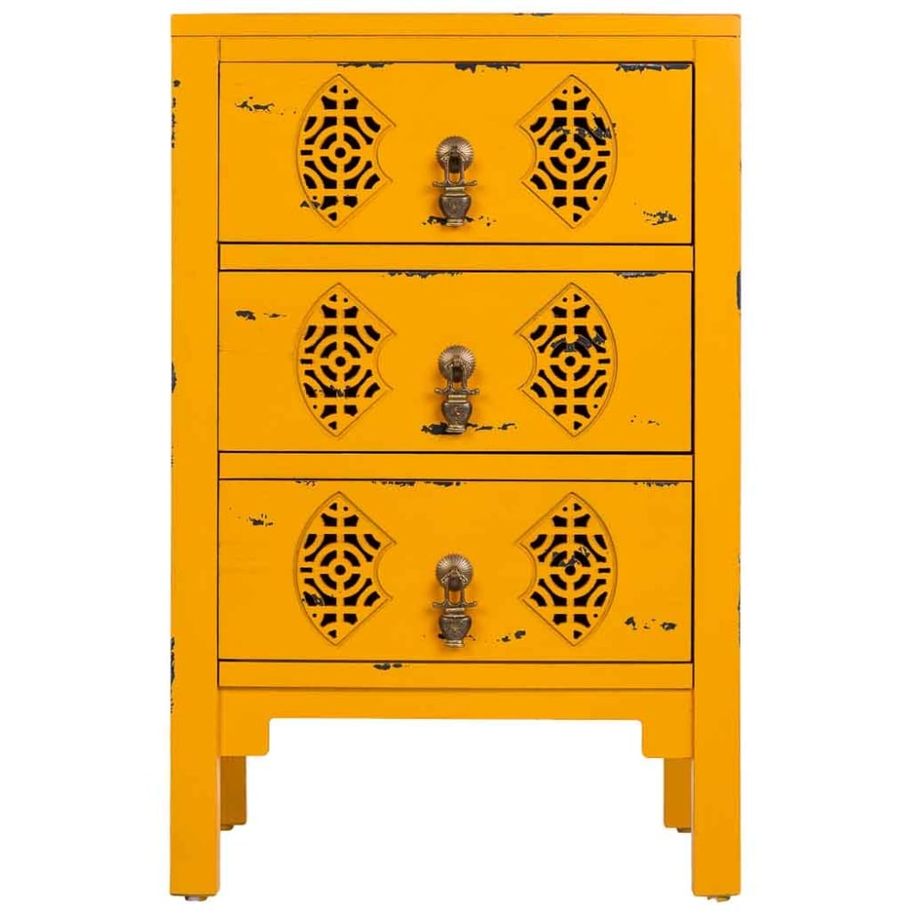 Table de chevet en bois avec 3 tiroirs jaune 45x36x70 cm