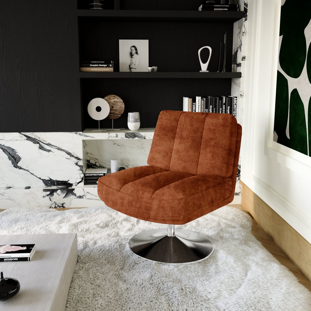 Fauteuil de salon pivotant pied chrome velours texturé terracotta