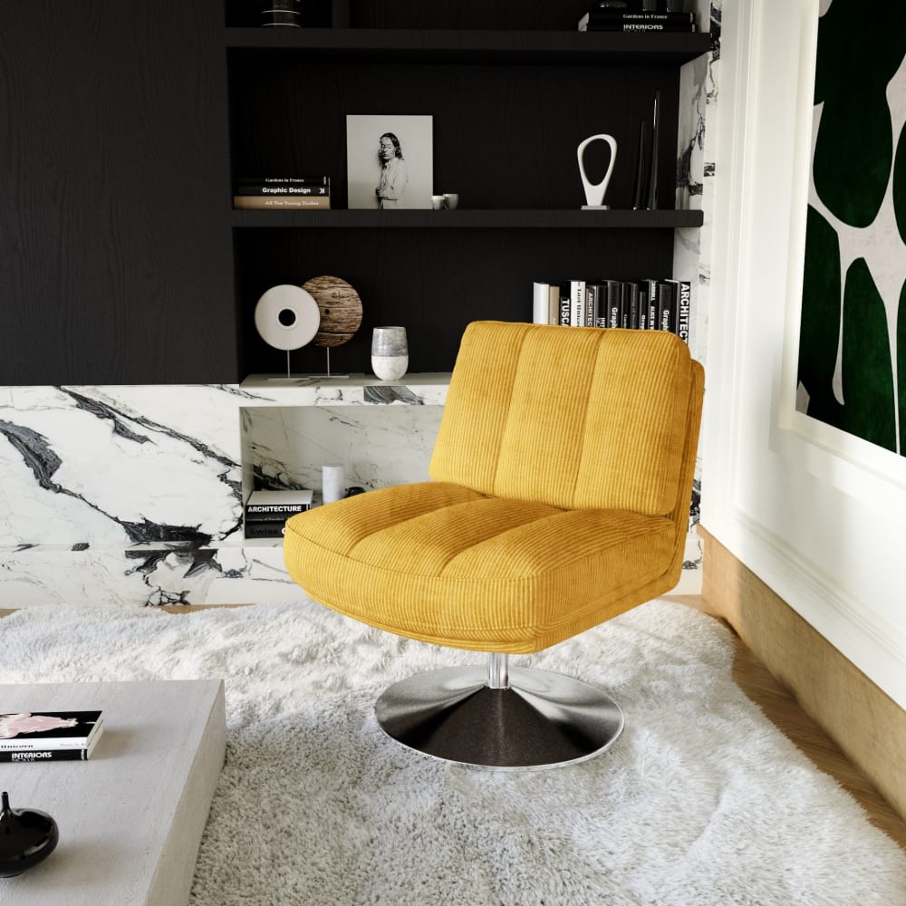 Fauteuil de salon pivotant pied chrome velours côtelé jaune rétro