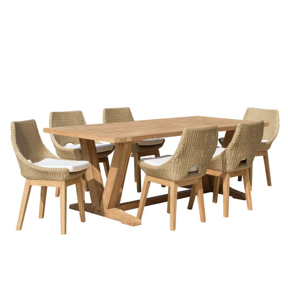 Salon de jardin teck recyclé et rotin synthétique 6 personnes