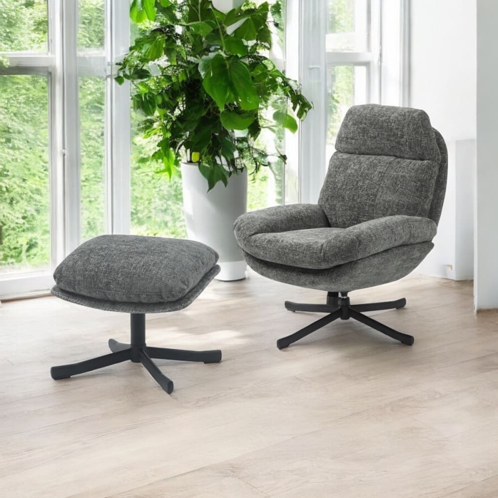 Fauteuil relax et repose pieds en tissu gris