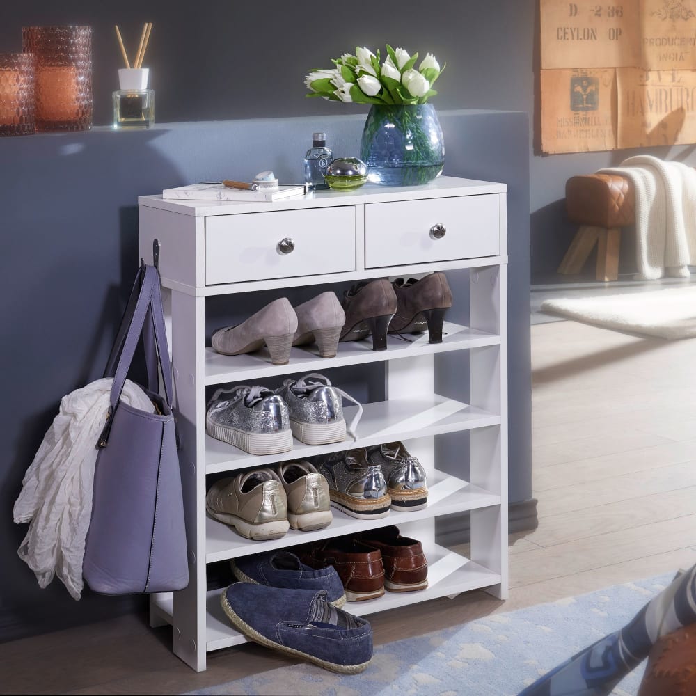 Schuhregal mit 2 Schubladen aus Spanplatte, Weiß - Maisons Du