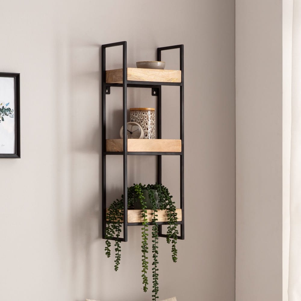Étagère murale à 3 tablettes en bois de manguier massif, marron