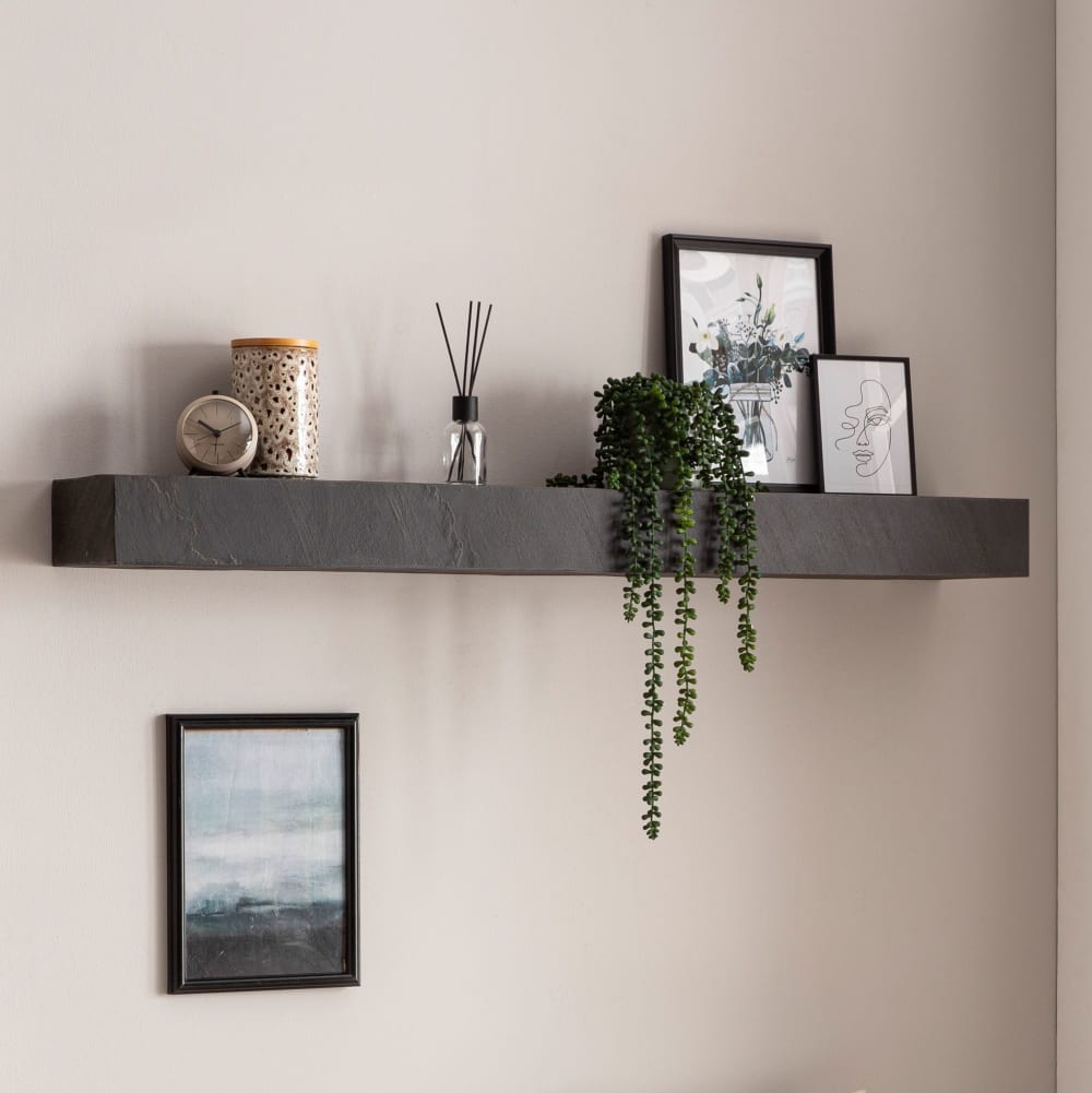 Étagère murale 120 cm effet pierre en bois de manguier massif, gris