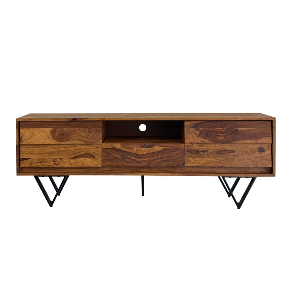 Meuble tv bas 160 cm en bois massif, marron
