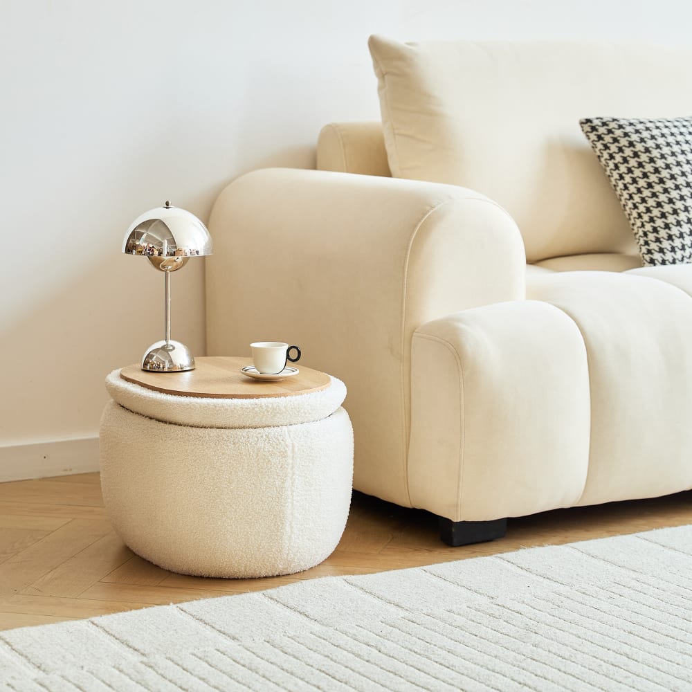 Pouf table basse avec rangement en bouclettes blanches