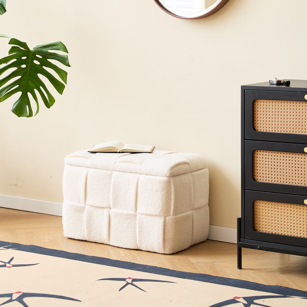 Banc coffre avec rangement en bouclettes blanches