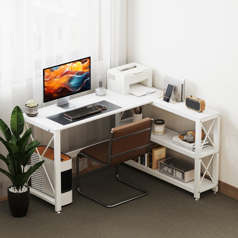 Bureau d'angle réversible étagère de rangement cadre en métal blanc
