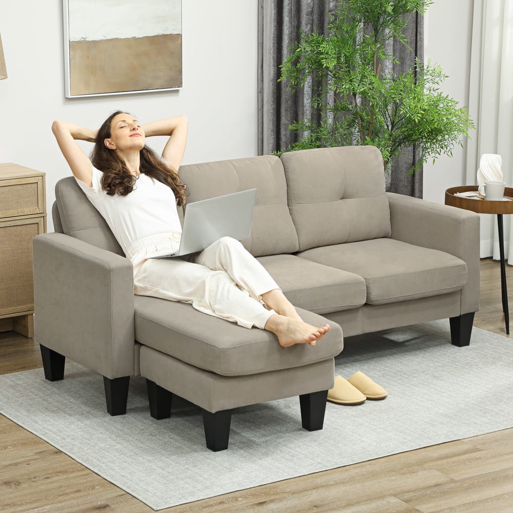 Canapé d'angle 3 places réversible dossier effet capitonné tissu beige