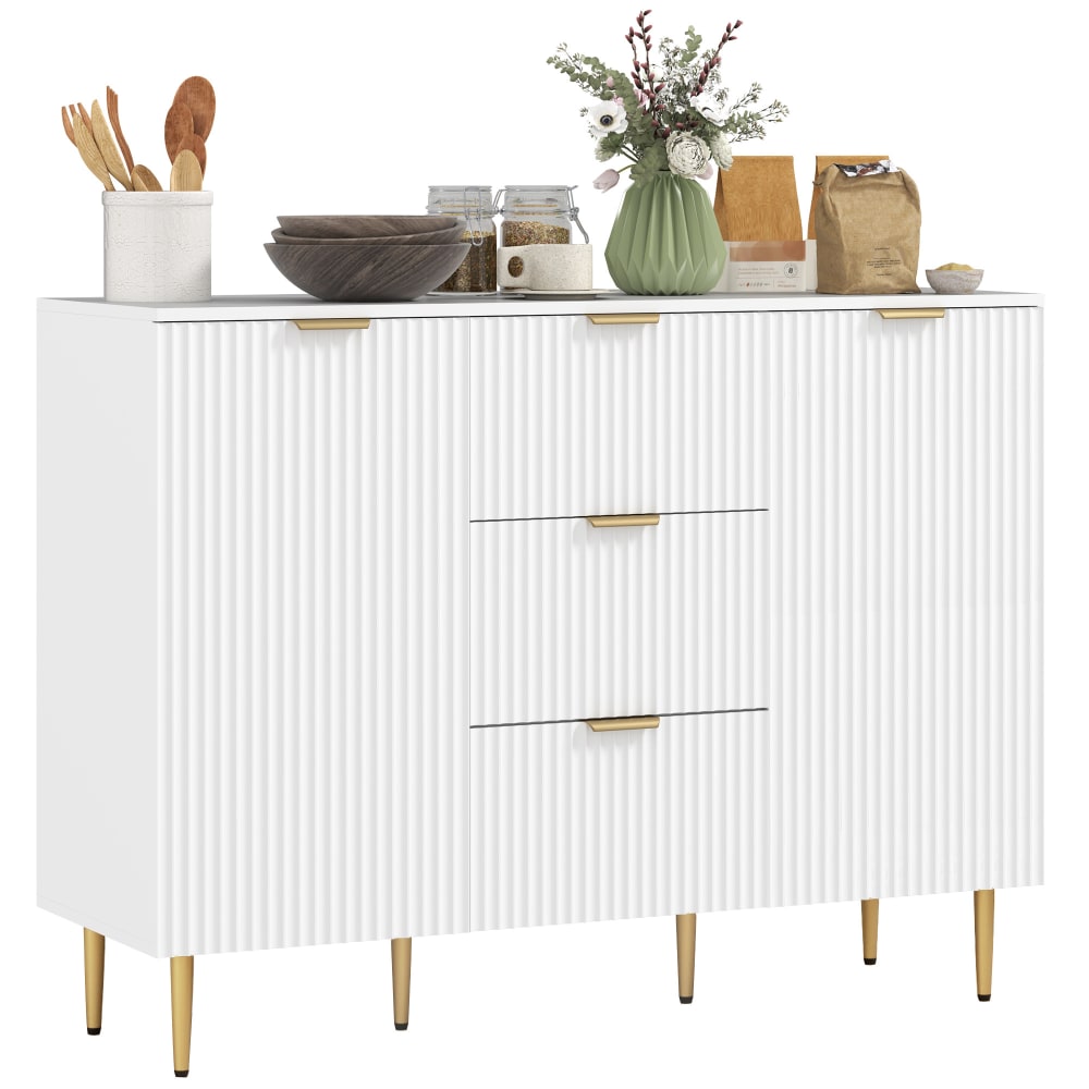 Buffet avec 3 tiroirs étagères réglables portes cannelées MDF blanc