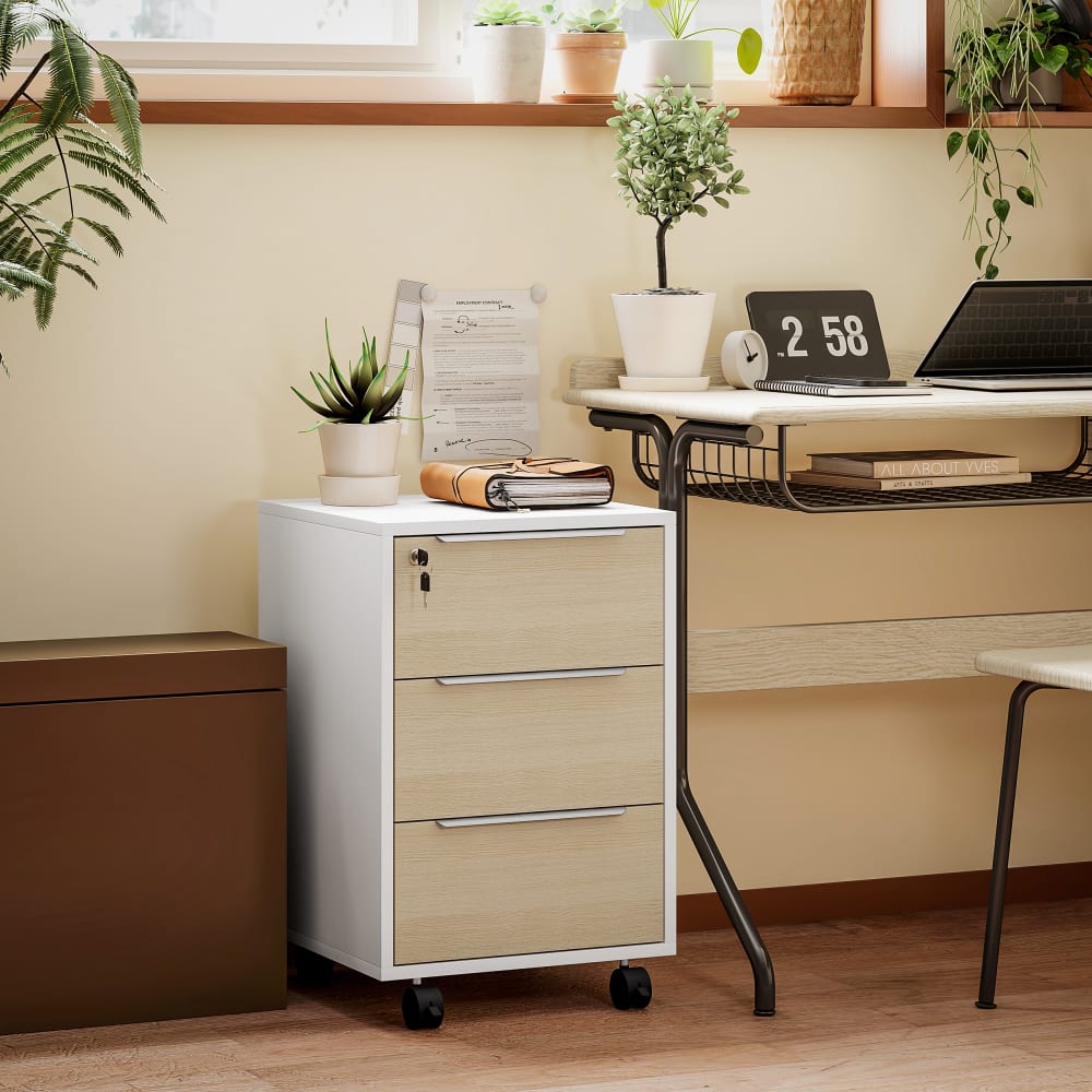 Caisson de bureau mobile 3 tiroirs panneau de particules et MDF chêne