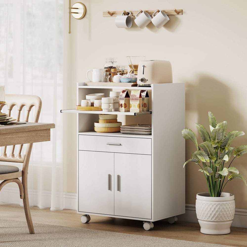 Chariot de cuisine sur roulettes placard tiroir étagères en bois blanc