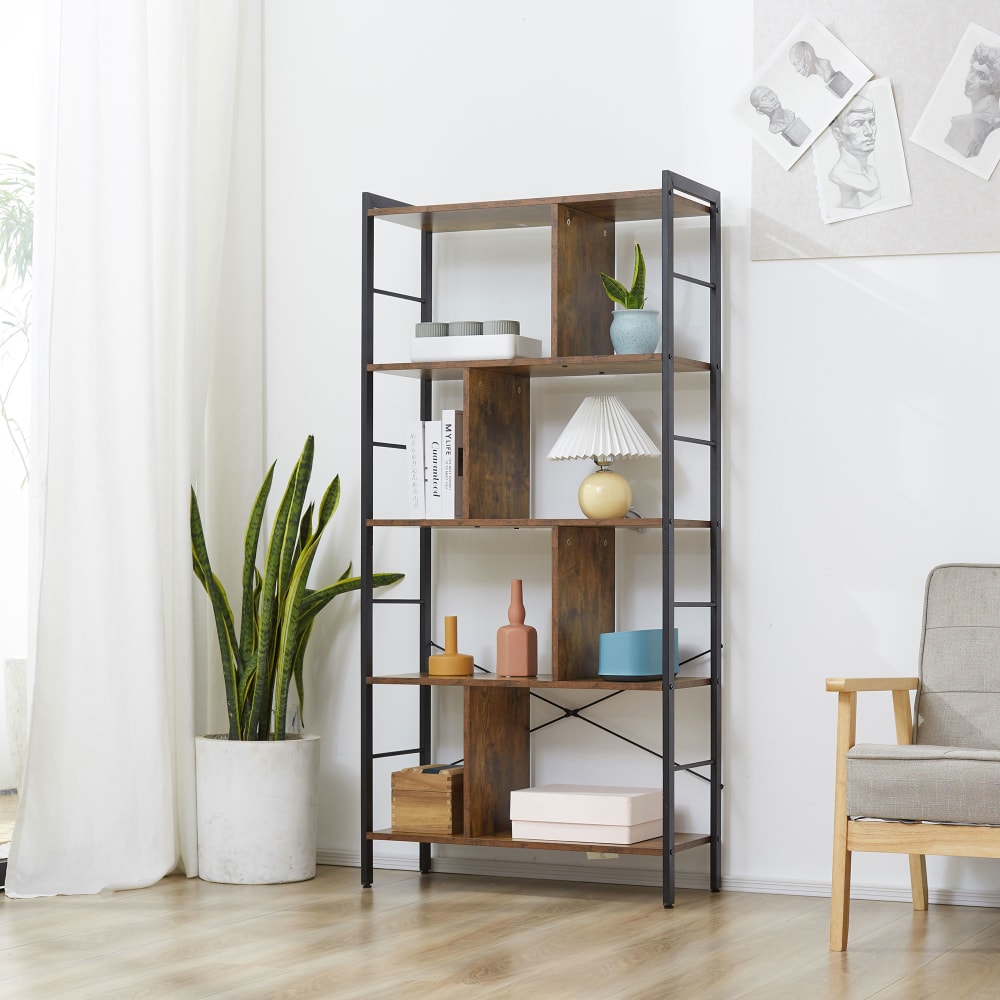 Bibliothèque étagère de rangement 5 niveaux cadre en acier marron noir