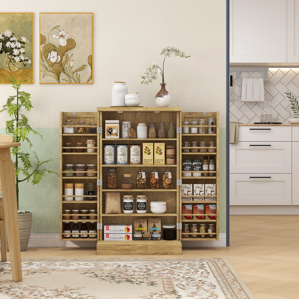 Küchenbuffet 12 Fächer & Holztüren Naturholzeffekt - Maisons Du