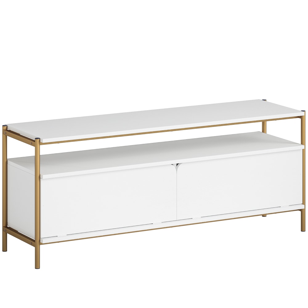 Meuble TV 2 portes rabattables et étagère ouverte cadre en acier blanc