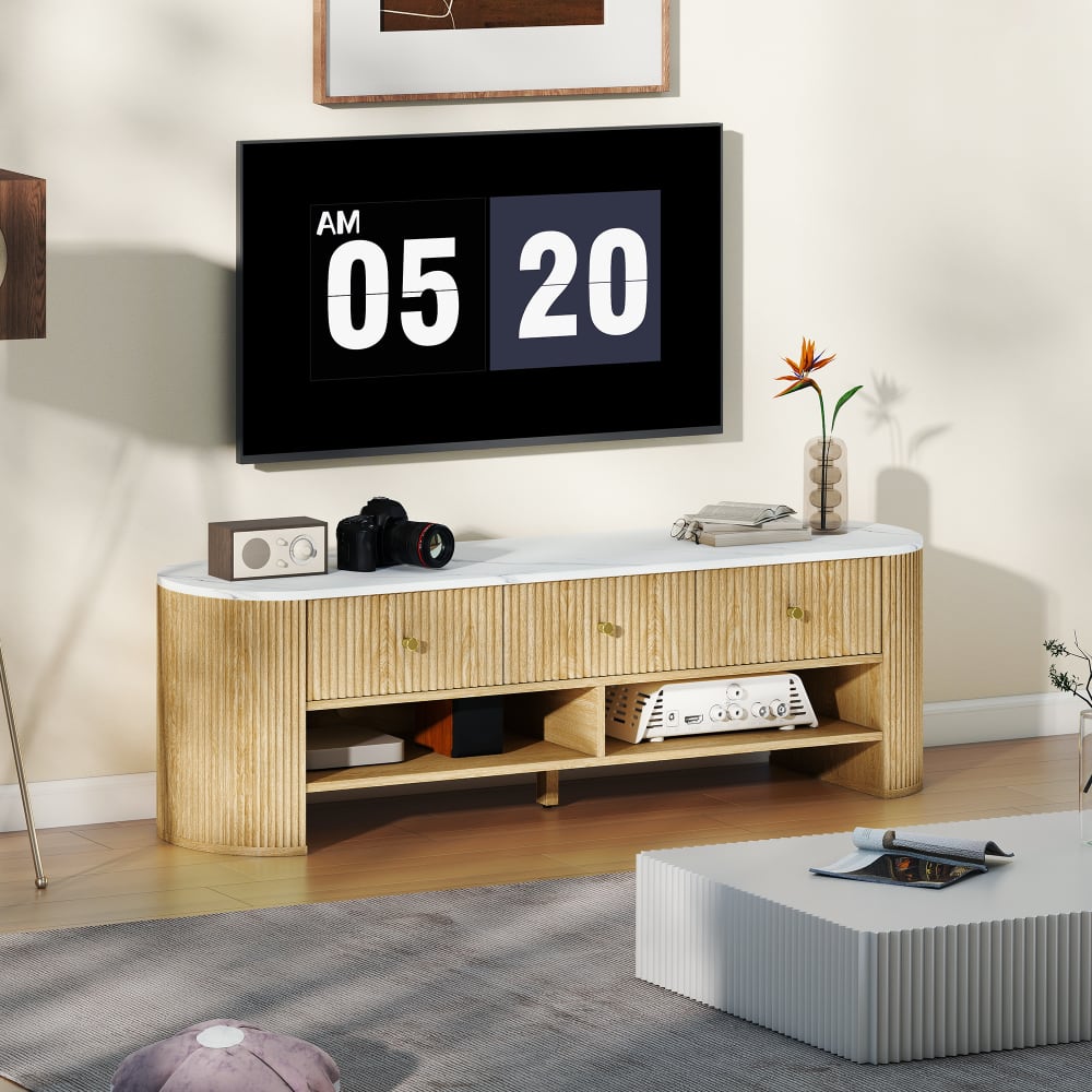 Meuble TV 140 cm télé 65 pouces 3 tiroirs en bois effet bois naturel