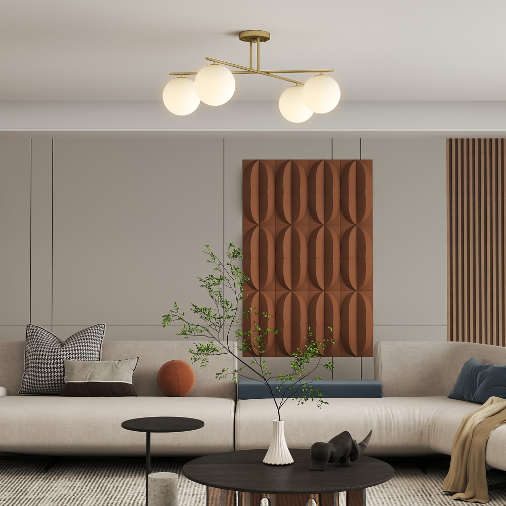 Plafonnier 4 lumières culot e14 montage semi-affleurant doré et crème — vue 3