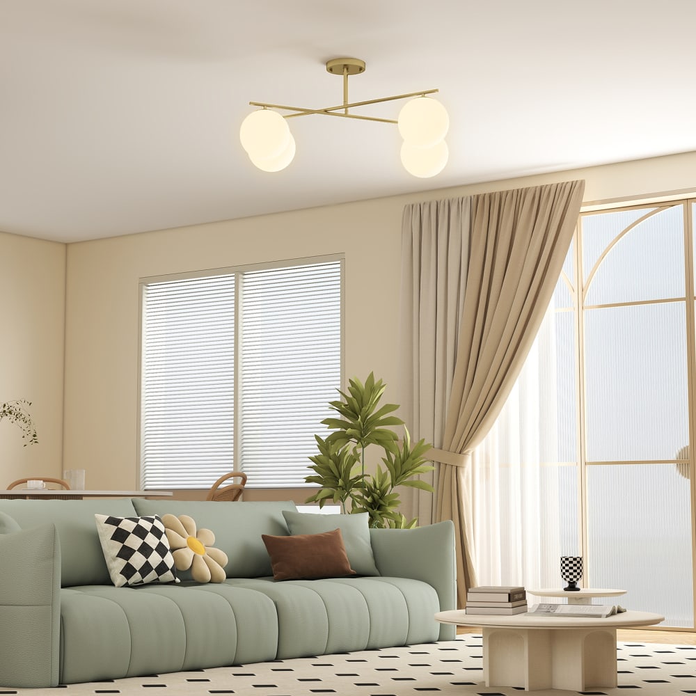Plafonnier 4 lumières culot e14 montage semi-affleurant doré et crème — vue 4