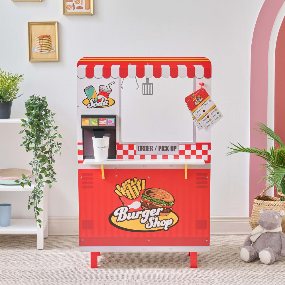 Burger shop en bois pour enfant avec grill friteuse, Rouge, 96cm
