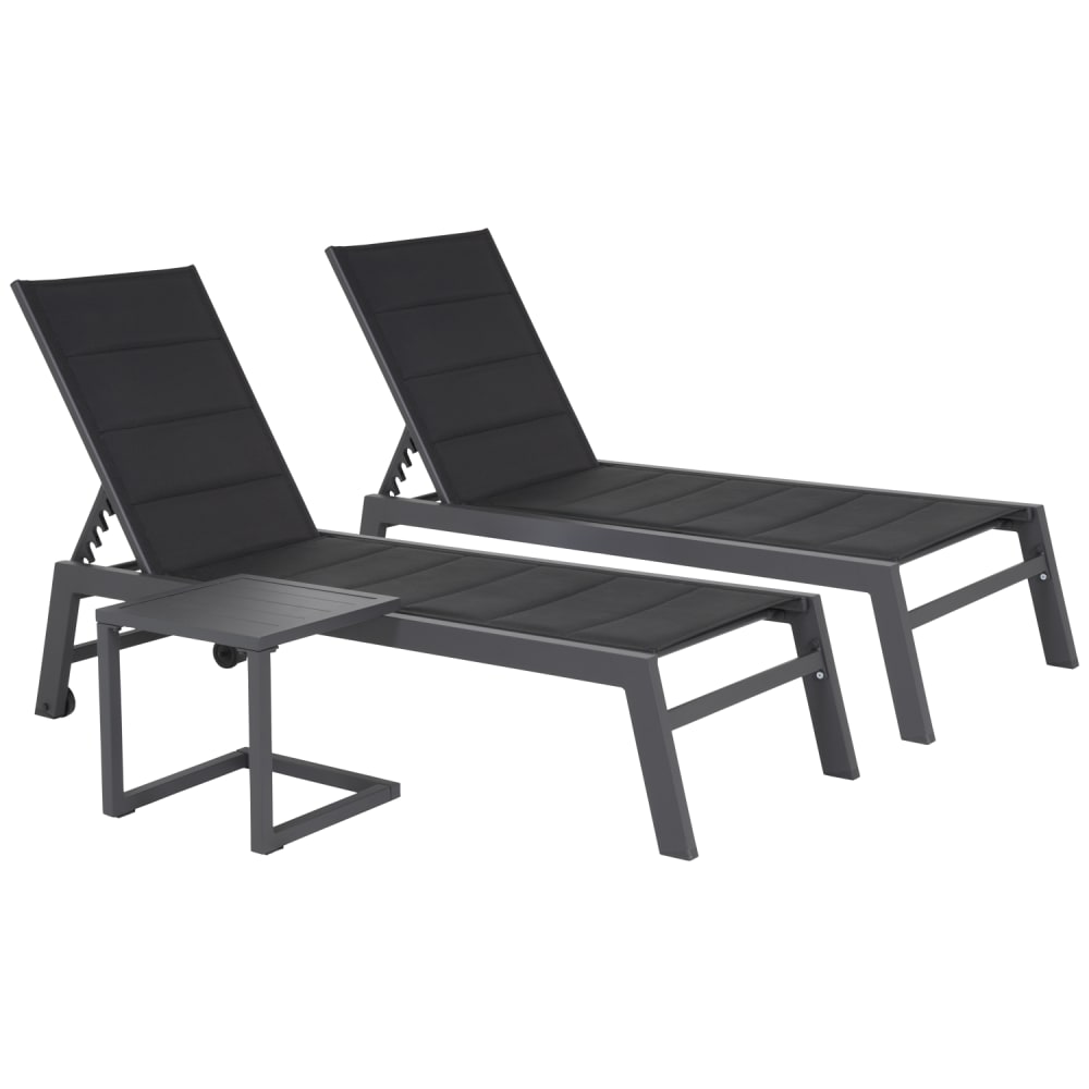 Set 2 transats et table d'appoint textilène noir aluminium gris