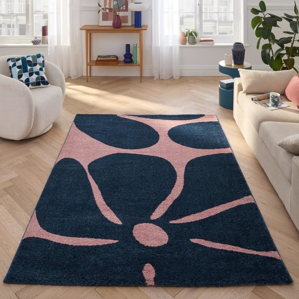 Tapis vintage style année 70 à motif fleur bleu - 80x140 — vue 4