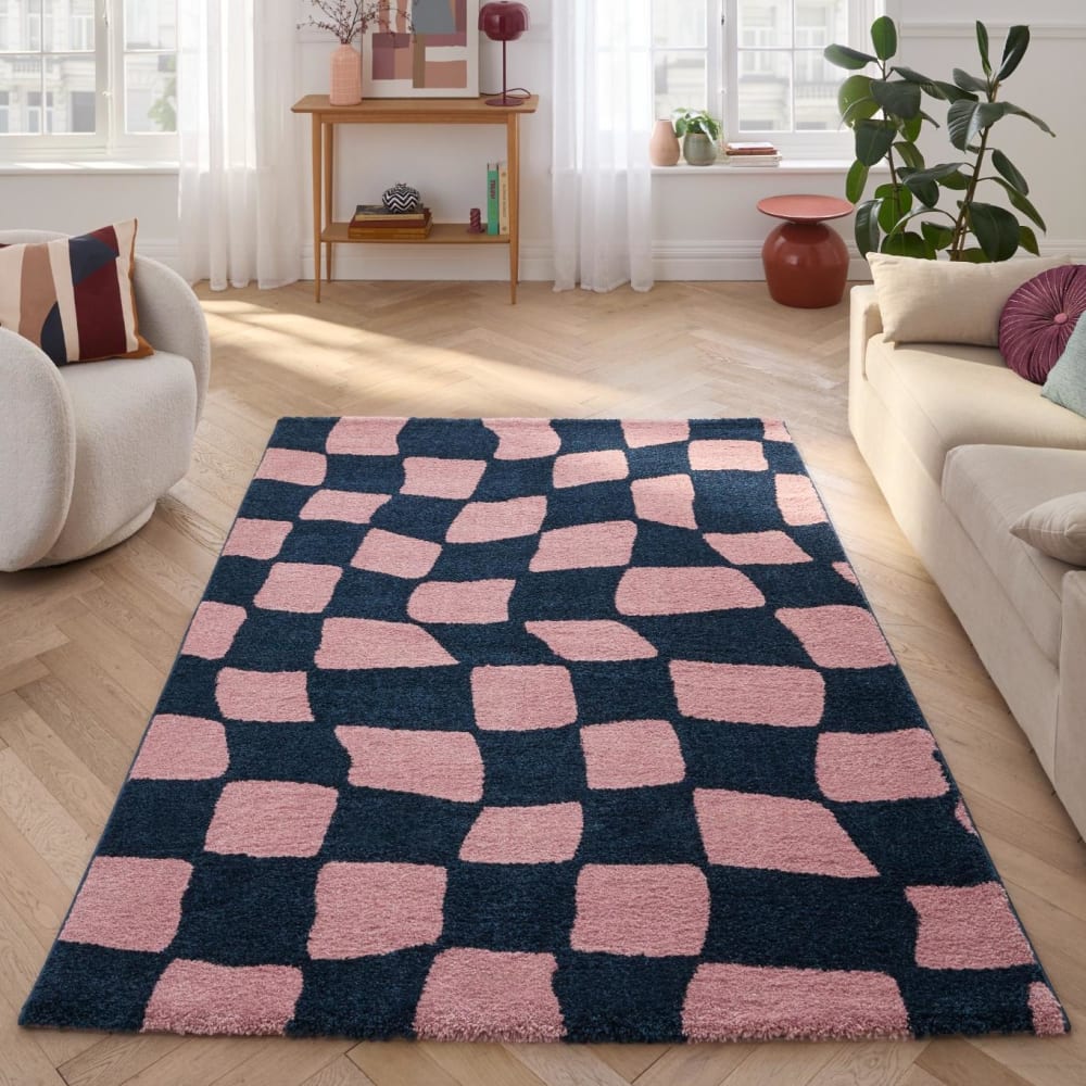 Tapis vintage style année 70 à motif damier bleu - 120x160 — vue 4
