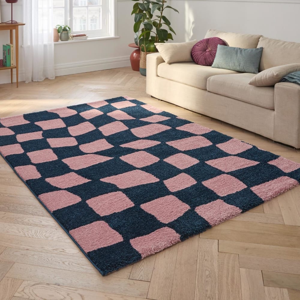 Tapis vintage style année 70 à motif damier bleu - 160x230 — vue 3