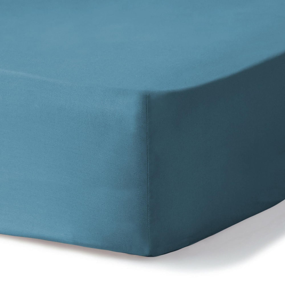 Drap housse satin lavé de coton bio bleu orage 200x200x40