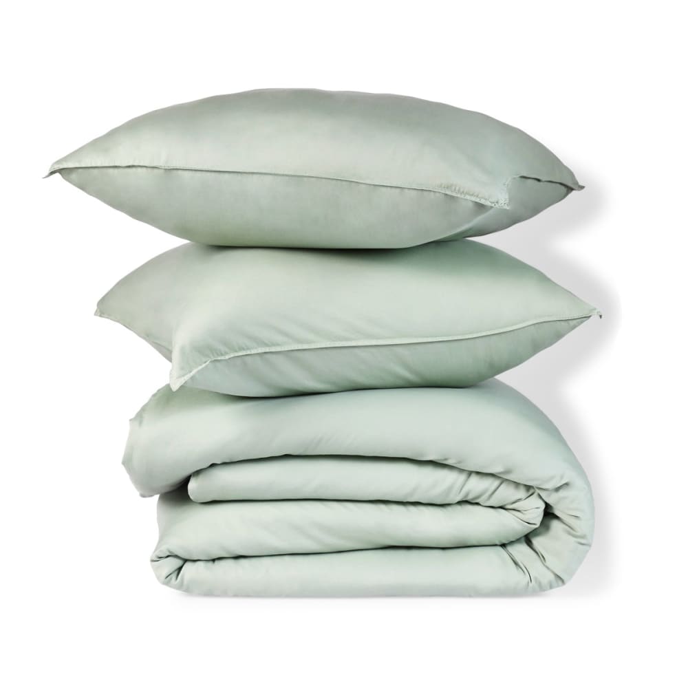 Parure + taies 65x65 satin lavé de coton bio vert céladon 240x220