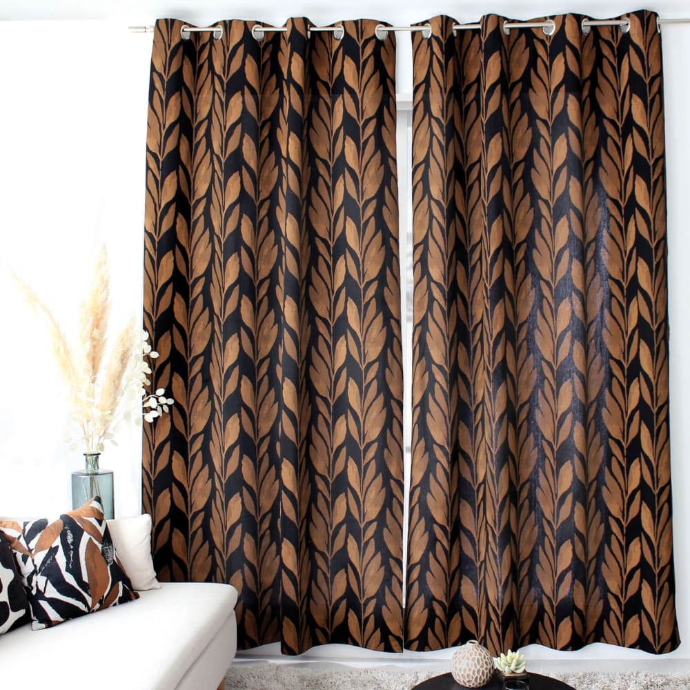 Rideau motif végétal tamisant en coton recyclé noir 140x240 cm