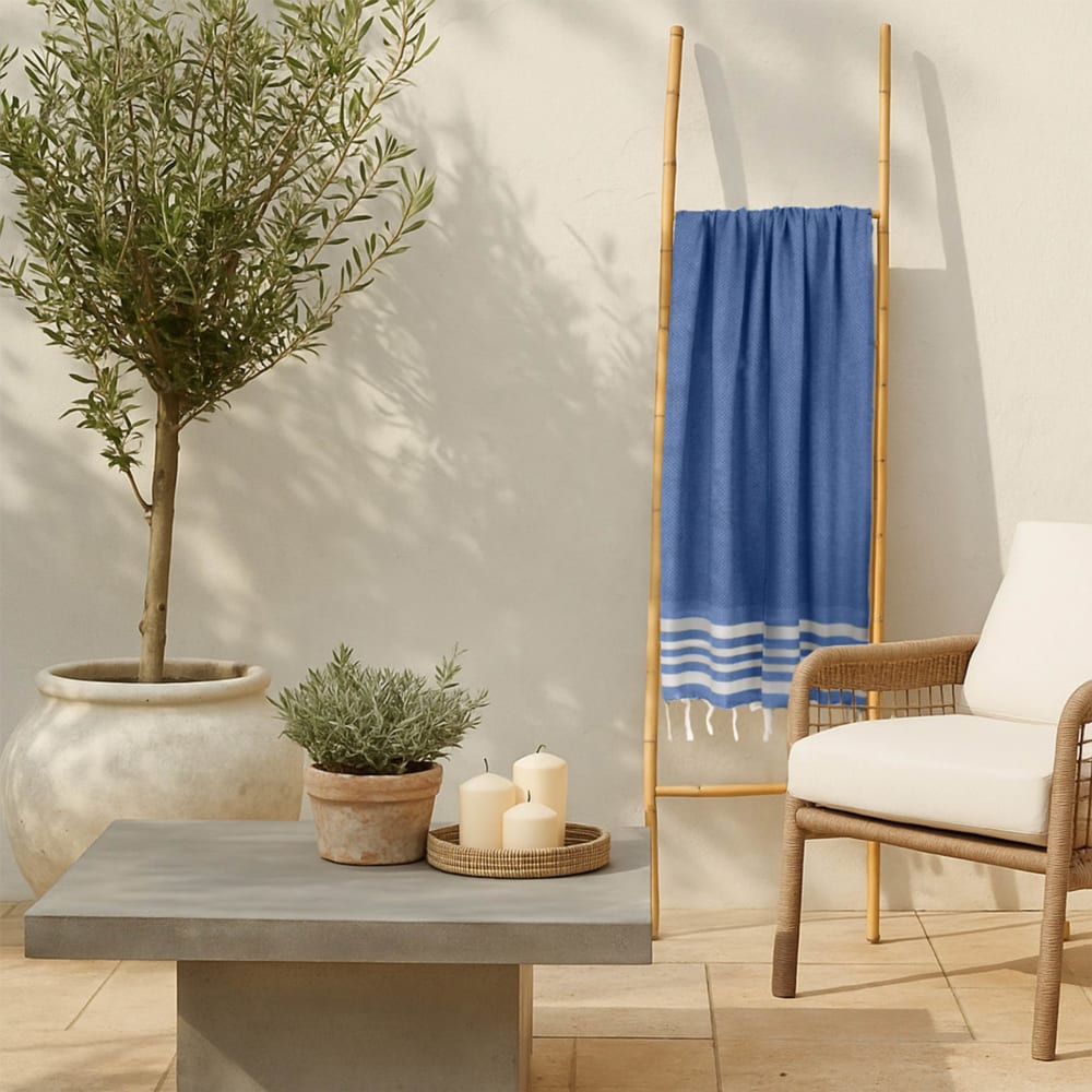 Fouta nid d'abeille coton 100x200 bleu grec — vue 3