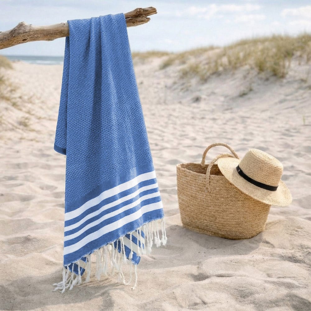 Fouta nid d'abeille coton 100x200 bleu grec — vue 4