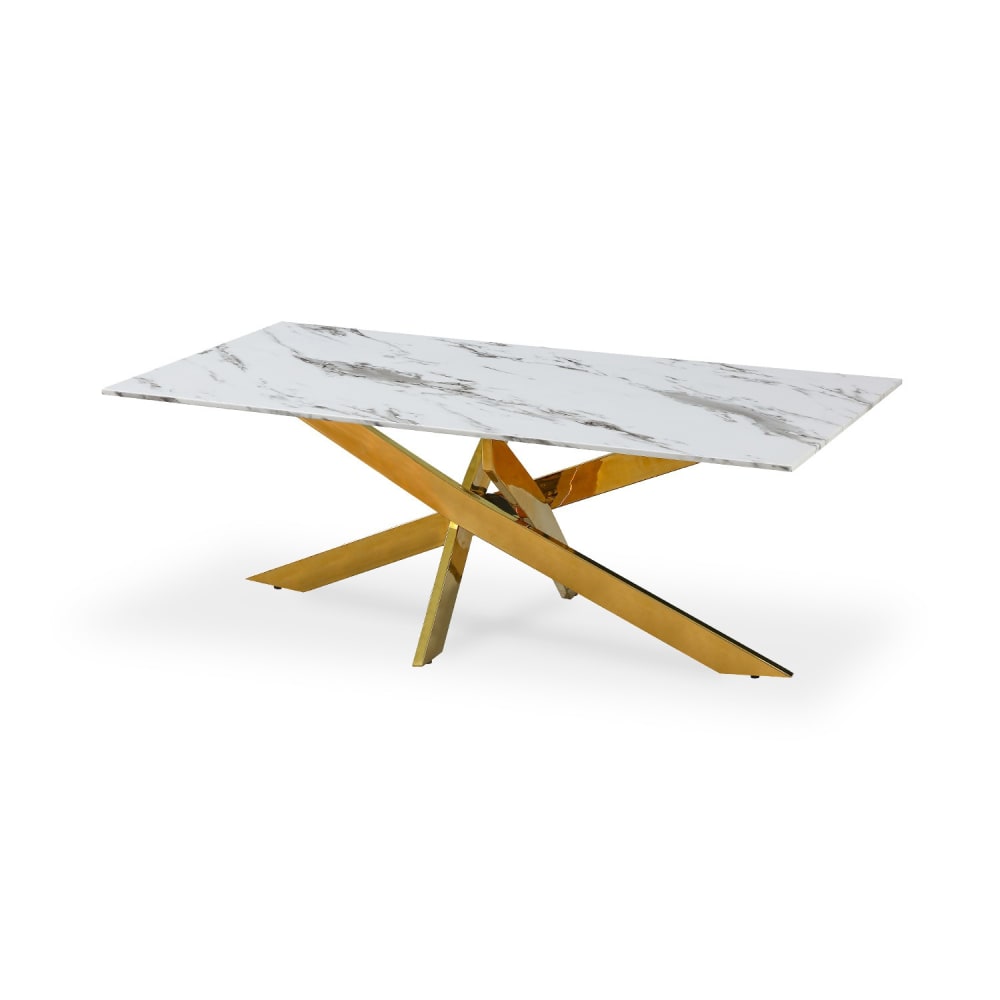 Table basse rectangulaire en verre effet marbre et pieds doré