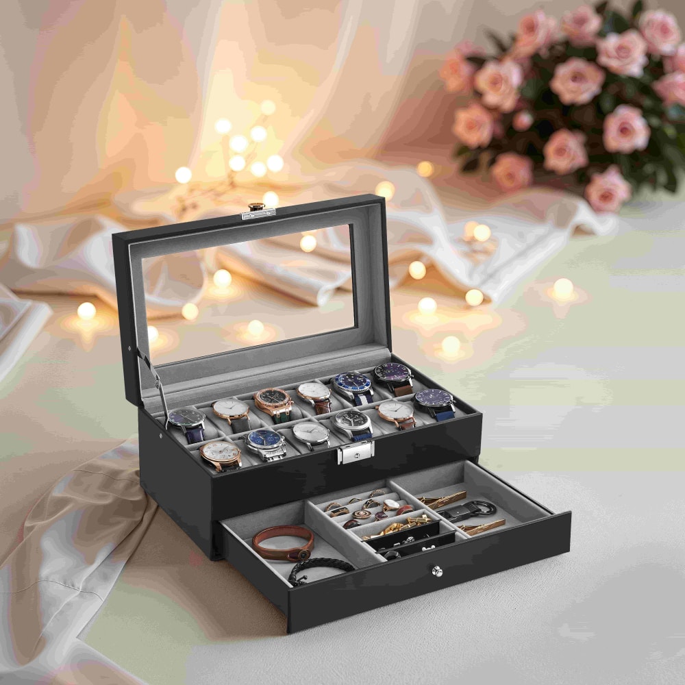 caja de reloj de 2 niveles de cuero sintetico negro y gris