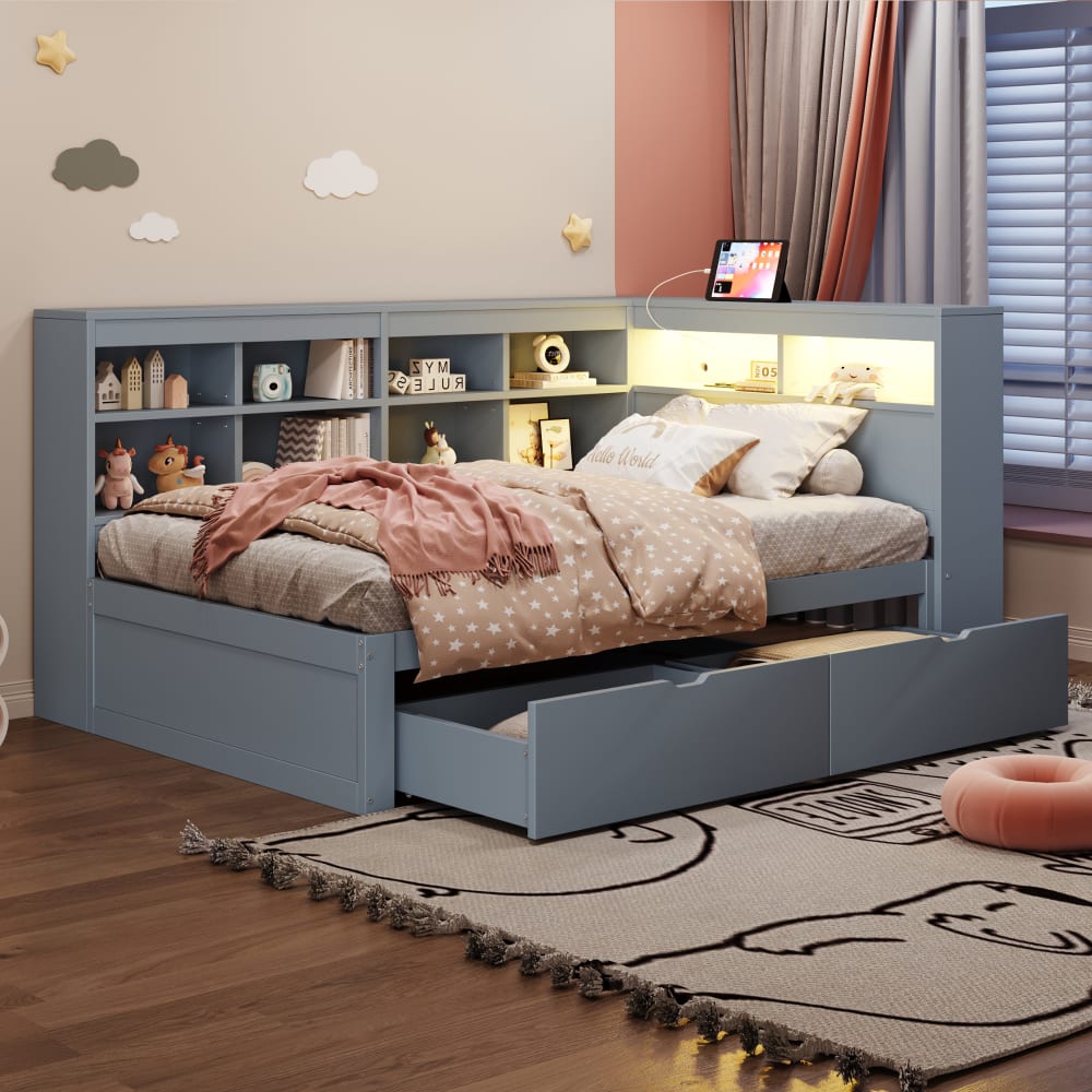 Kinderbett Holz 90x200 cm mit Stauraum und LED, Grau - Maisons Du