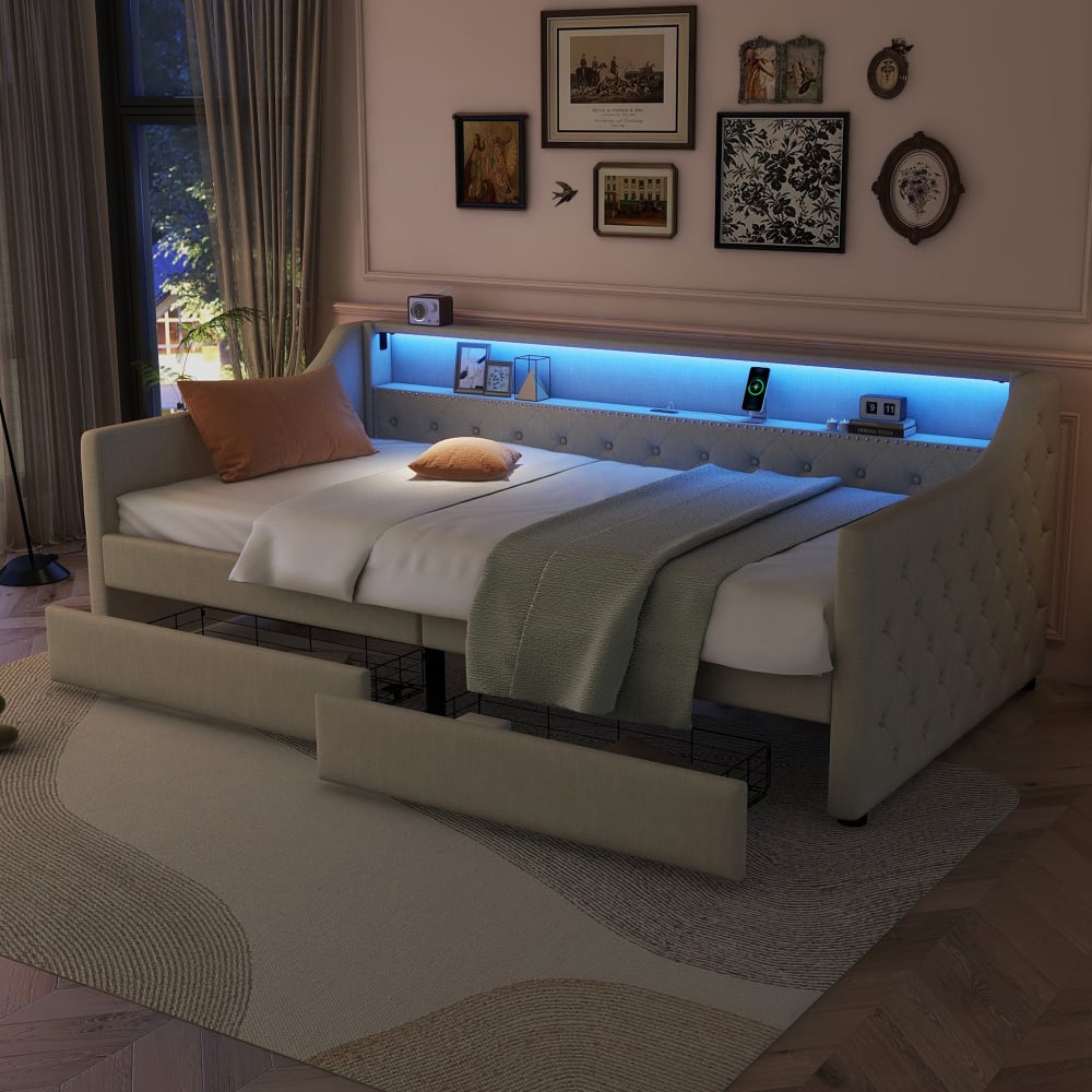 MODFU Kinderbett Leinen 90x200 cm mit 2 Schubladen und LED, Beige style modern BEIGE LEINEN Baby