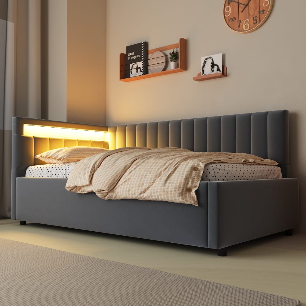 MODFU Kinderbett Samt 90x200 cm mit Stauraum und LED, Grau style modern GRAU SAMT Baby
