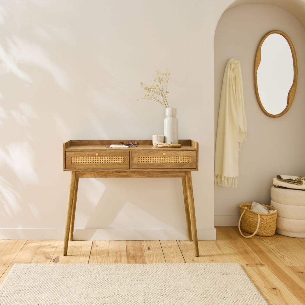 Console 2 tiroirs avec façades en rotin et pieds en bois l100 cm