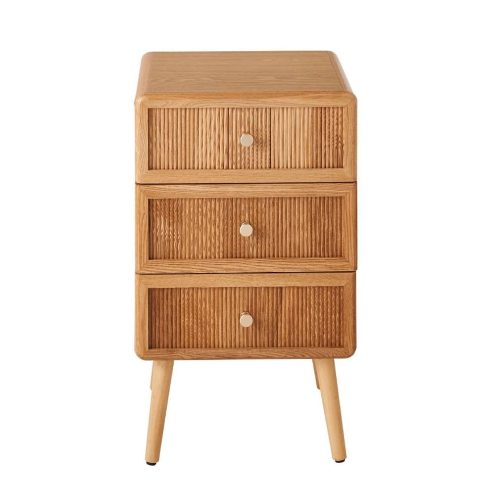 Chevet 3 tiroirs avec façades lamellées H71 cm - Effet Bois clair