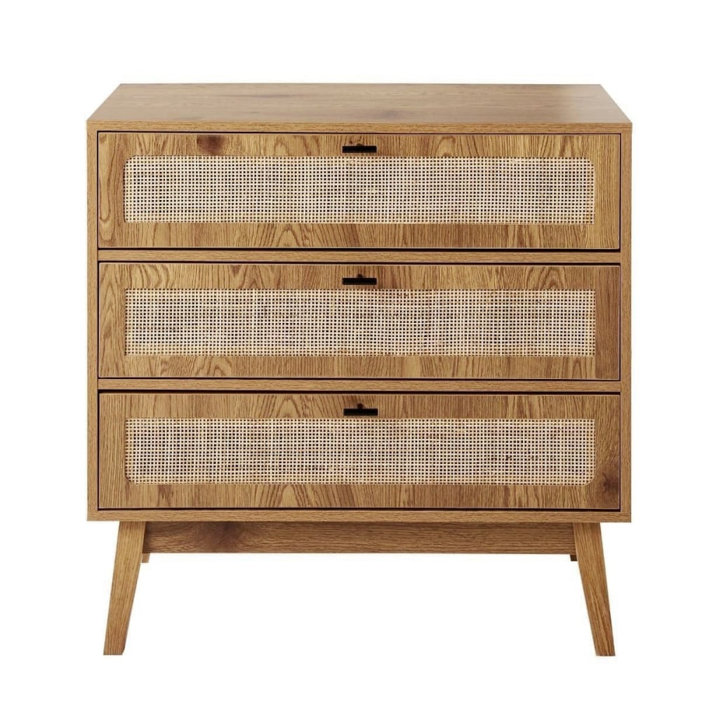 Calicosy Kommode mit 3 Schubladen, Rattanfronten und Holzfüßen, L80 cm style modern Beige Spanplatte