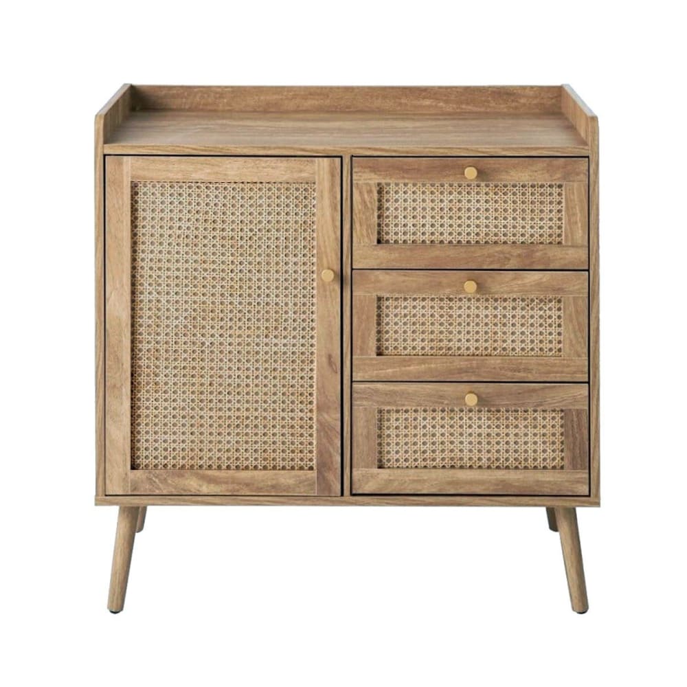 Calicosy Kommode mit 1 Tür und 3 Schubladen Rattanfronten und Holzfüßen L80 cm style modern Beige Spanplatte