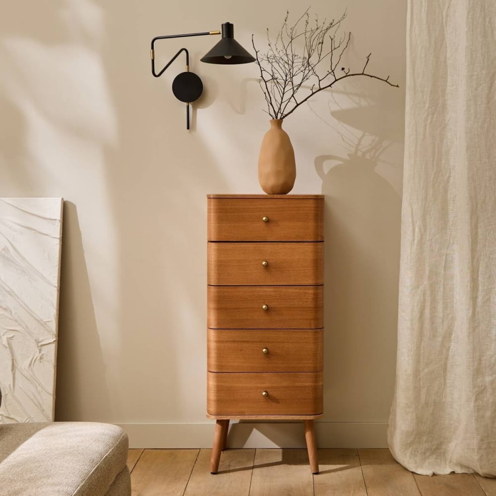 Hochkommode mit 5 Schubladen H100 cm - Holzdekor hell - Maisons