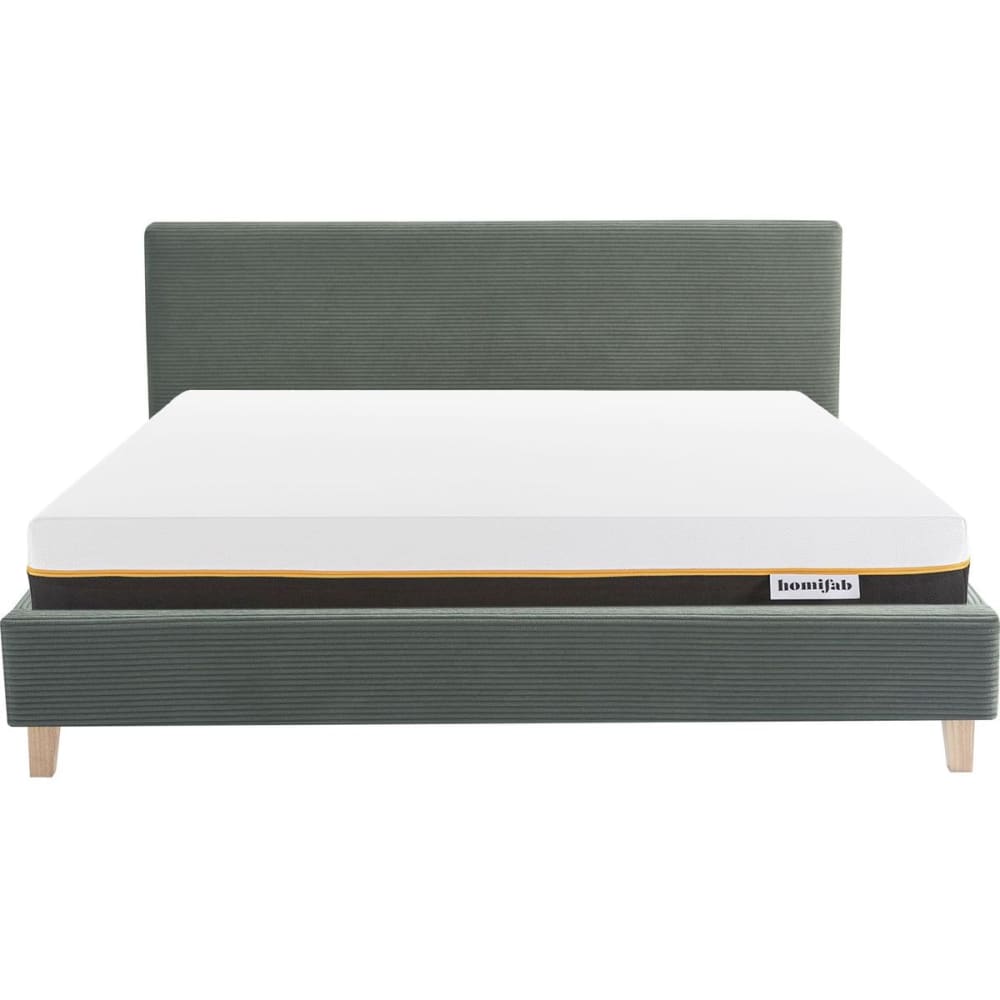 Lit adulte 160x200 en velours côtelé vert + Matelas mémoire de forme