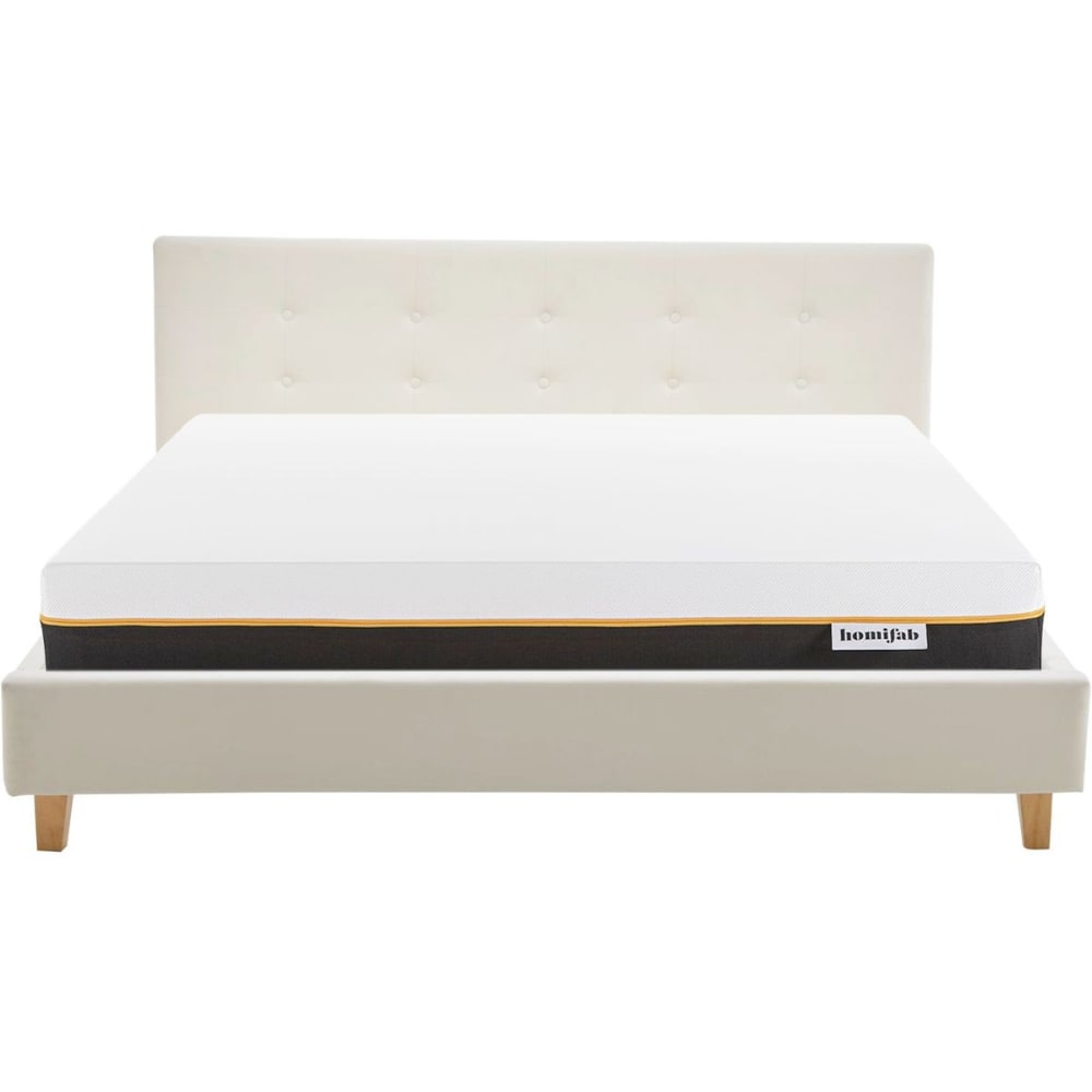 Lit adulte 160x200 en velours beige + Matelas mémoire de forme